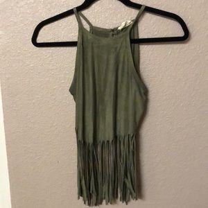 Green fringe crop top
